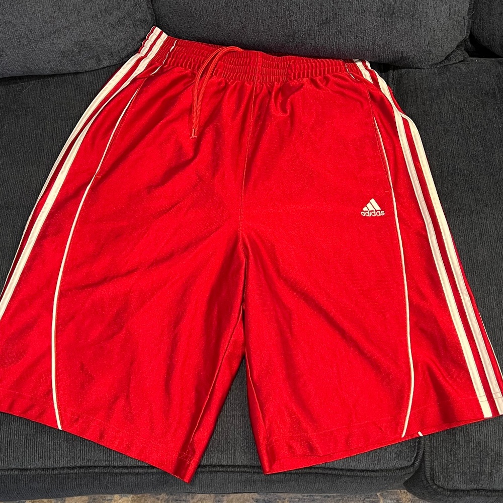 Men’s Adidas red w/ white stripes athletic gym workout shorts size M MEDIUM